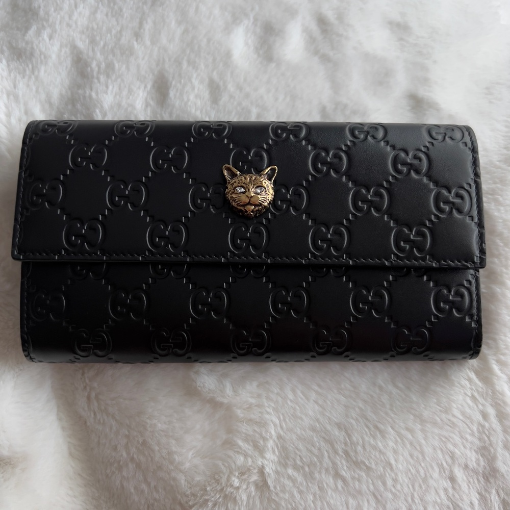 Black Gucci Guccissima Continental cat wallet